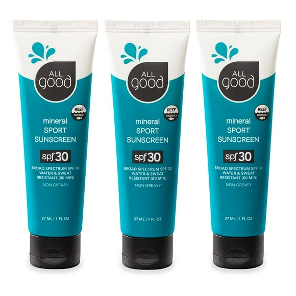 Loción de protección solar All Good, tamaño de viaje, deportiva, SPF 30+, 30 ml, paquete de 3