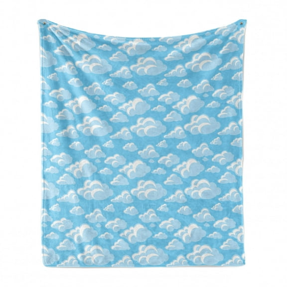 Cloud Soft Flannel Fleece Blanket, Cartoon Illustration of Bubbly Cloud Cumulus Floating on Soft Blue Sky, Cozy Plush for Indoor and Outdoor Use, 70" x 90", Baby Blue White and Blue, by Ambesonne
