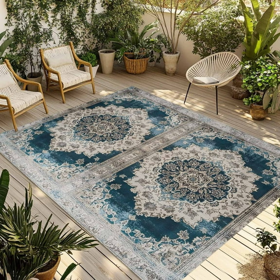 Fsddascl Boho Flower Blue Grey Outdoor Rug for Patio/Deck/Porch, Non-Slip Large Area Rug 5 x 8 Ft, Vintage National Floral Textured Indoor Outdoor Rugs Washable Area Rugs, Camping Rug Carpet