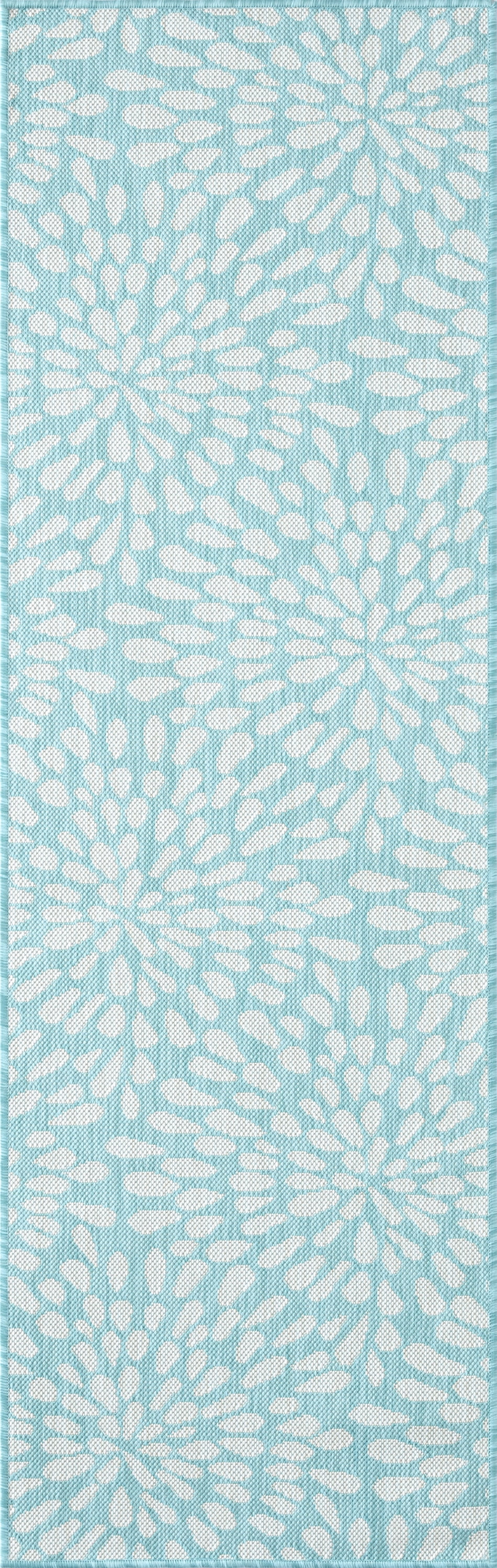 Bliss Rugs Floral Indoor Outdoor Rug Water Resistant Runner Rug for Patio, Hallway, Entryway, Deck, Aqua ,2' x 8'