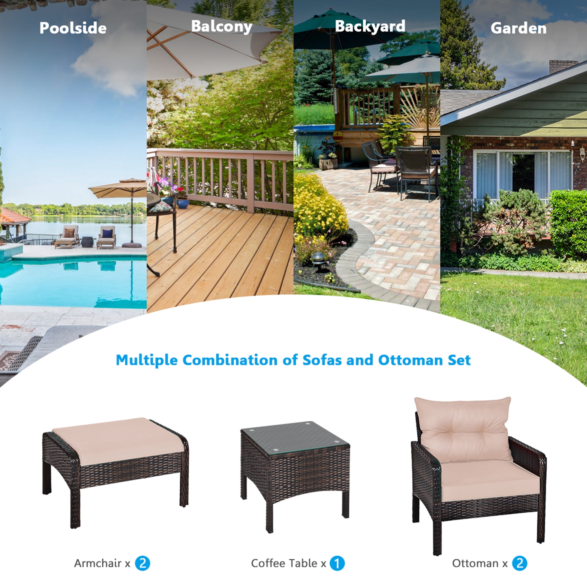 Gymax 5 PC Patio Set Sectional Rattan Wicker Furniture Set Home Outdoor