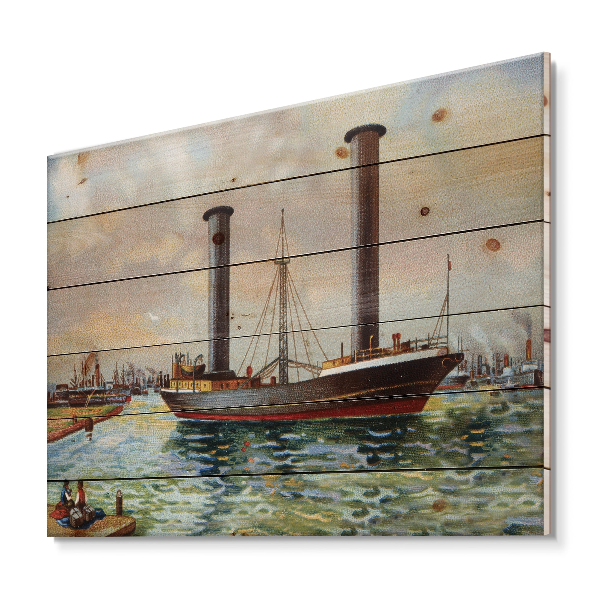 Designart 'The Ancient Boat Leaving The Harbor' Nautical & Coastal Print on Natural Pine Wood