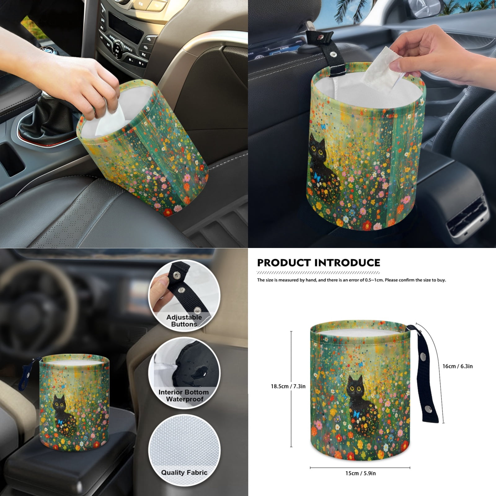 Jeiento Black Cat Car Seat Cover Set with Steering Wheel Cover Seat Belt Covers Waste Bin Center Console Pad Rear View Mirror Cover Floral Handbrake Cover Set Coasters Auto Accessories Set of 14