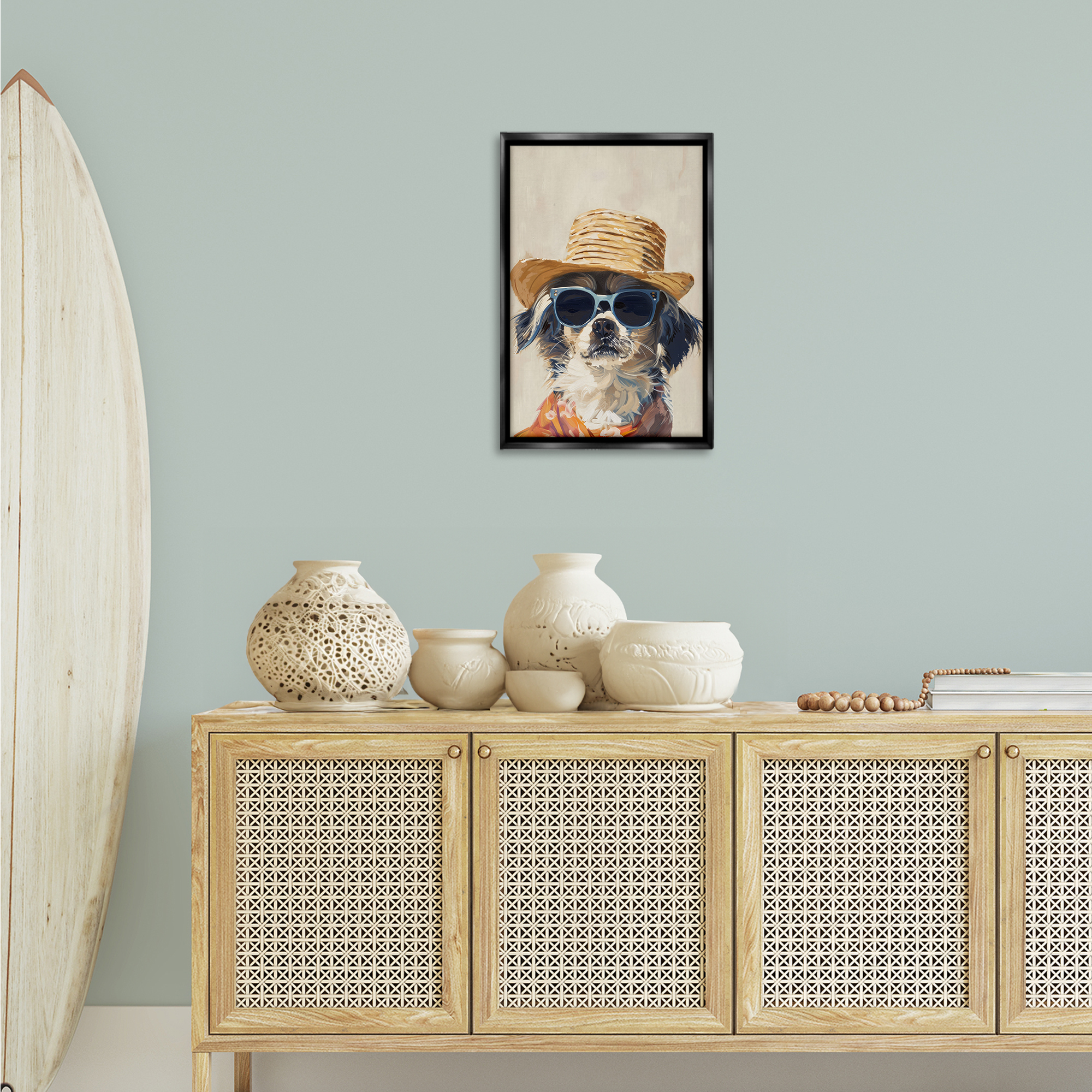 Stupell Industries Beach Vacation Pup Animals & Insects Painting Black Floater Framed Canvas Art Print Wall Art, 17 x 25