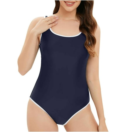 TrendVibe365 Vintage Swimsuit for Women Navy One Piece Thong Solid Swimwear Beachwear M