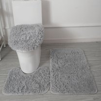 Gray Bathroom Rugs Sets 3Piece Bath Mat Solid Bath Rug Floor Mats Washable Shower Rug with U-Shaped Contour Rug Toilet Lid Cover
