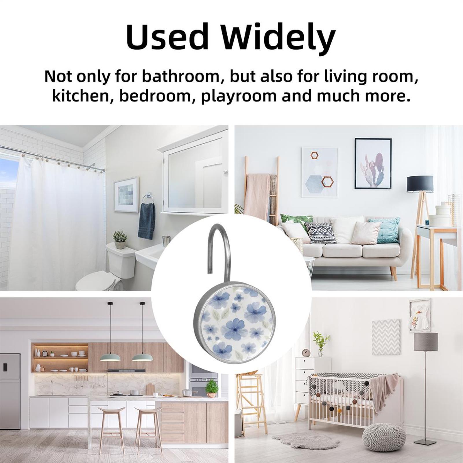 HemaKayy 12 Pcs Shower Curtain Hooks Bathroom Decorative Accessories Elegant Blue Flowers Transparent