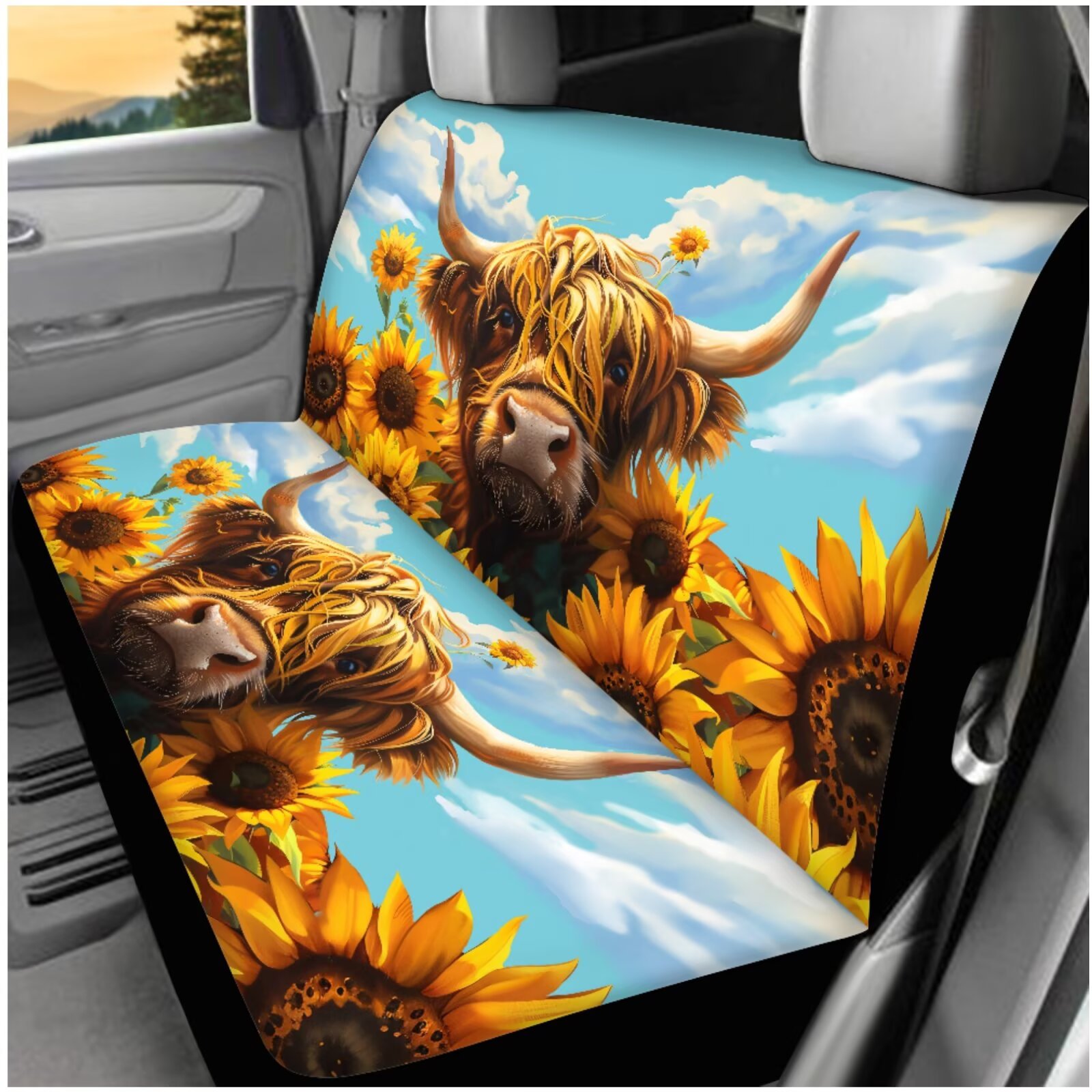 Yuyamidu 14 PCS Car Seat Covers and Steering Wheel Cover Highland Cow Seatbelt Strap Pad Sunflower Armrest Cover Pad Headrest Cover Cup Coasters Key Ring