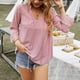 thumbnail image 2 of Top informal para mujer, cuello en V, manga de empalme de encaje de tres cuartos, camisa transpirable de Color puro para mujer, 2 of 8