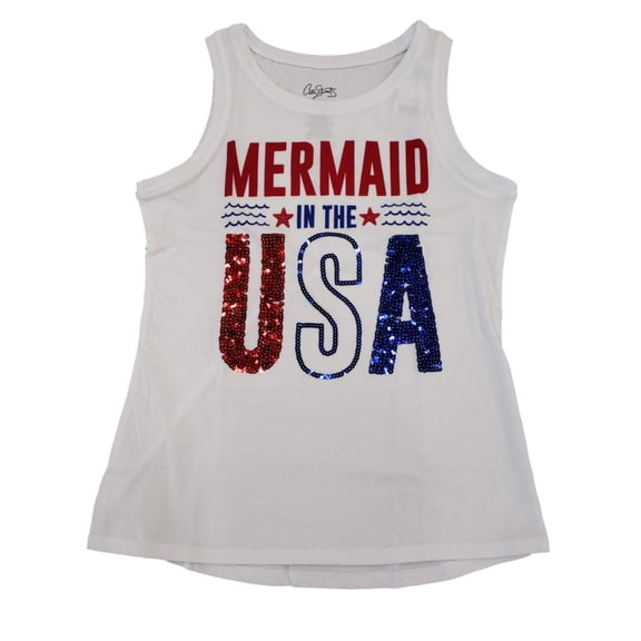 Girls Red White Blue Mermaid In The USA Sequin Patriotic Tank Top Shirt L(14)