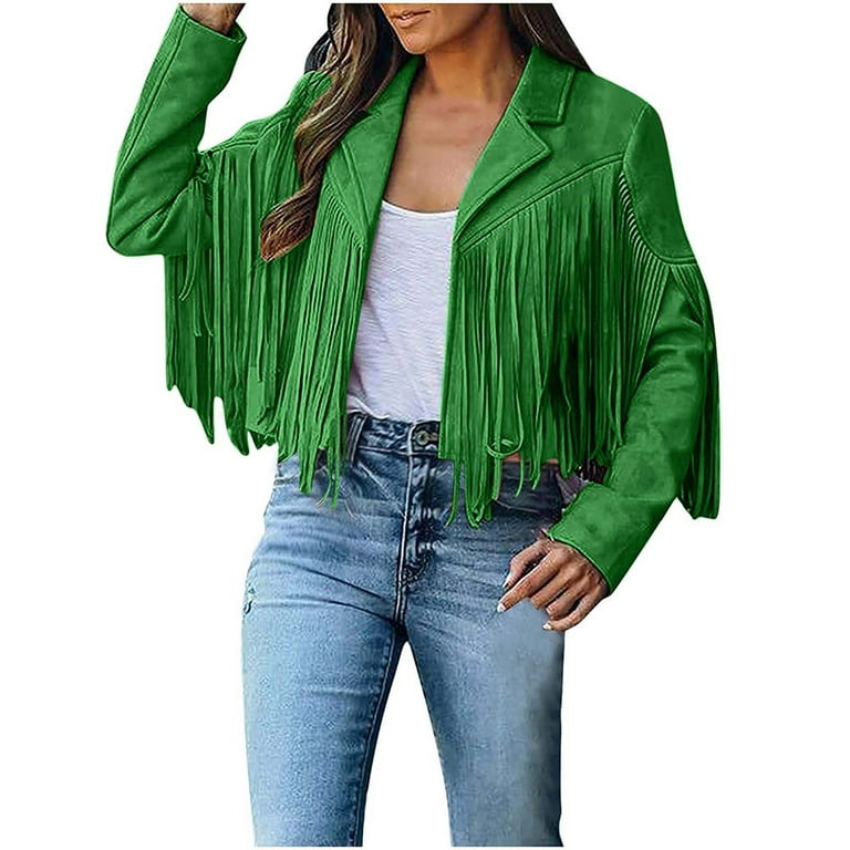 Jackets for Women Long Sleeve Motorcycle Jacket Solid Color Fashion Long Sleeve Bomber Jacket Women Trendy Tassel Winter Jacket for Women Green S Walmart