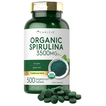 Organic Spirulina Capsules 3500mg | 500 Tablets | Non-GMO & Gluten Free | By Carlyle