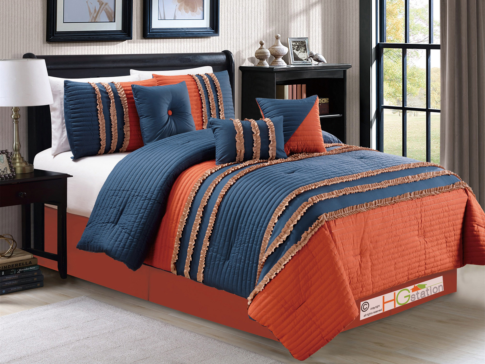 7Pc Striped Embossed Ribbon Garland Ruffled Comforter Set Navy Blue