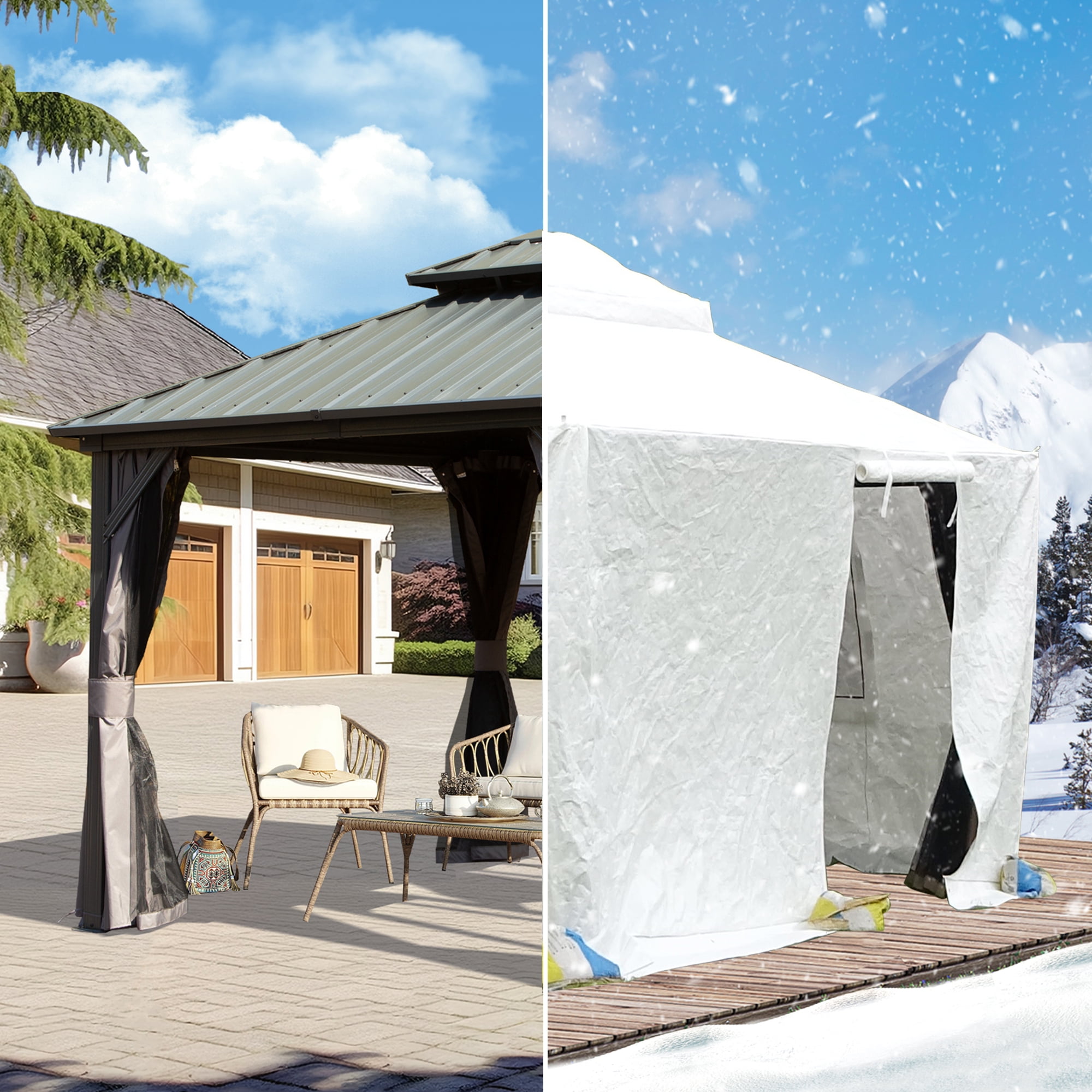 Gazebo Accessories 8' x 8' Double Roof Universal Winter Gazebo Cover for Hardtop Gazebos,Enclosed Cover with Sidewalls and Mesh Windows Waterproof (White)