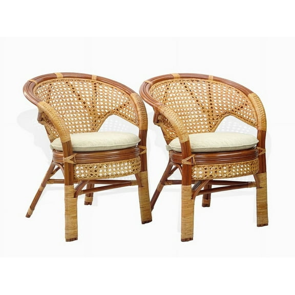 Set of 2 Pelangi Natural Rattan Wicker Dining Armchairs Handmade Design, Colonial