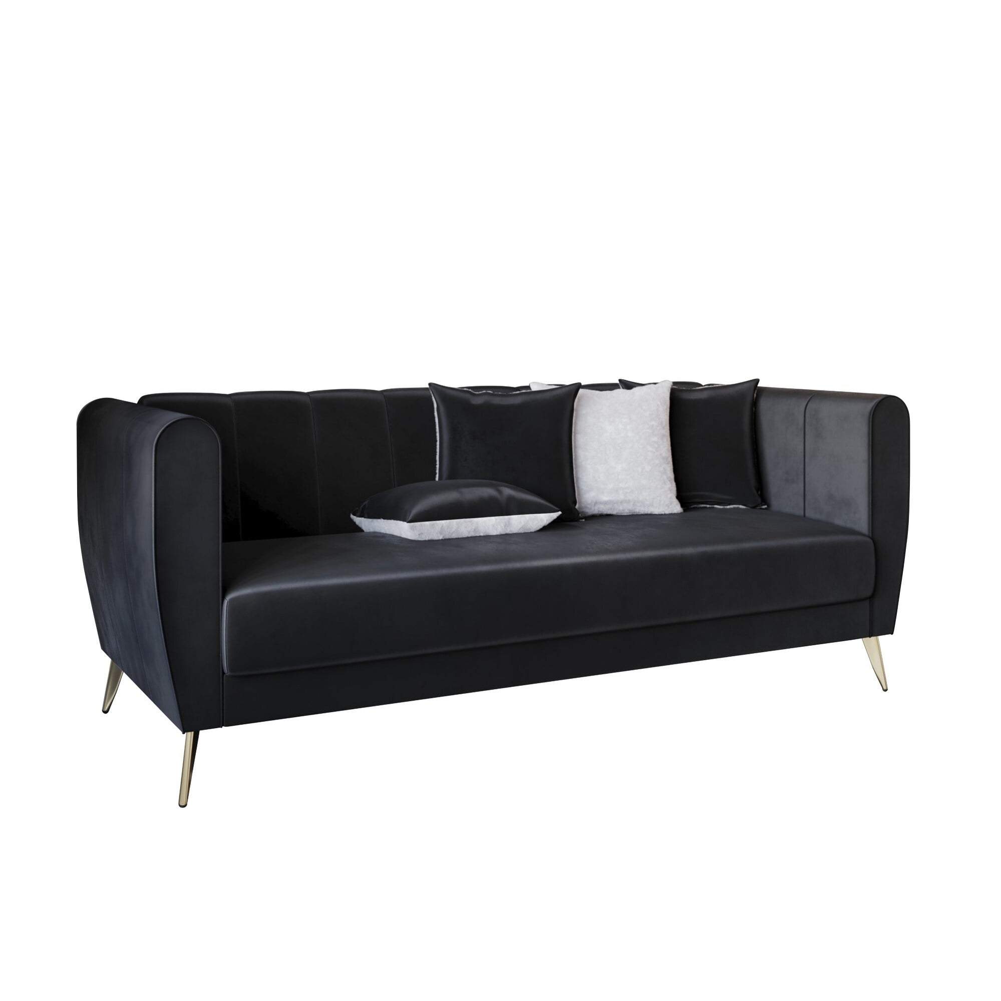 Home Design Scarlett Velvet Flared Arm 3-Seater Sofa with 4 Throw Pillows, Vertical Channel Tufting and Metal Legs, Modern Luxury, Black