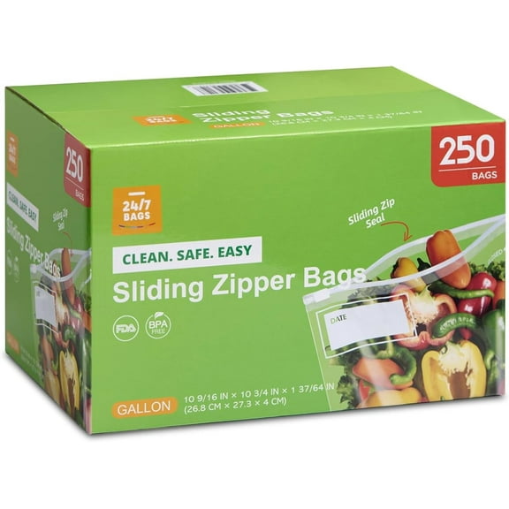Gallon Slider Food Storage Bags, 250 Count, BPA-Free with Expandable Bottom
