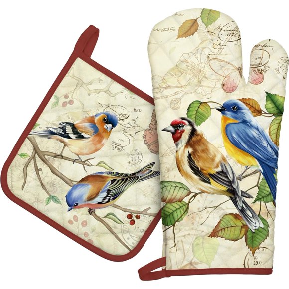 czcpp-Vintage Bird Oven Mitts and Pot Holders Sets 2Pcs, 100% Cotton Heat Resistant, Extra Long Oven Gloves Potholder for Kitchen Cooking Baking Decoration