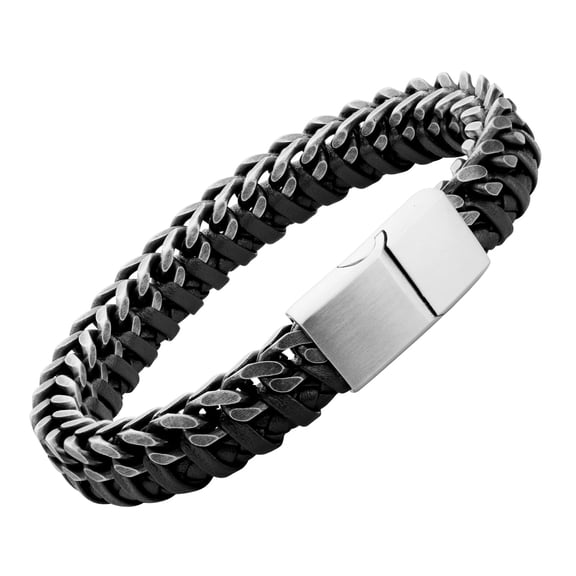 555Jewelry Mens Braided Genuine Leather and Steel Bracelets Magnetic Clasp, Black & Silver, 8.25 Inch