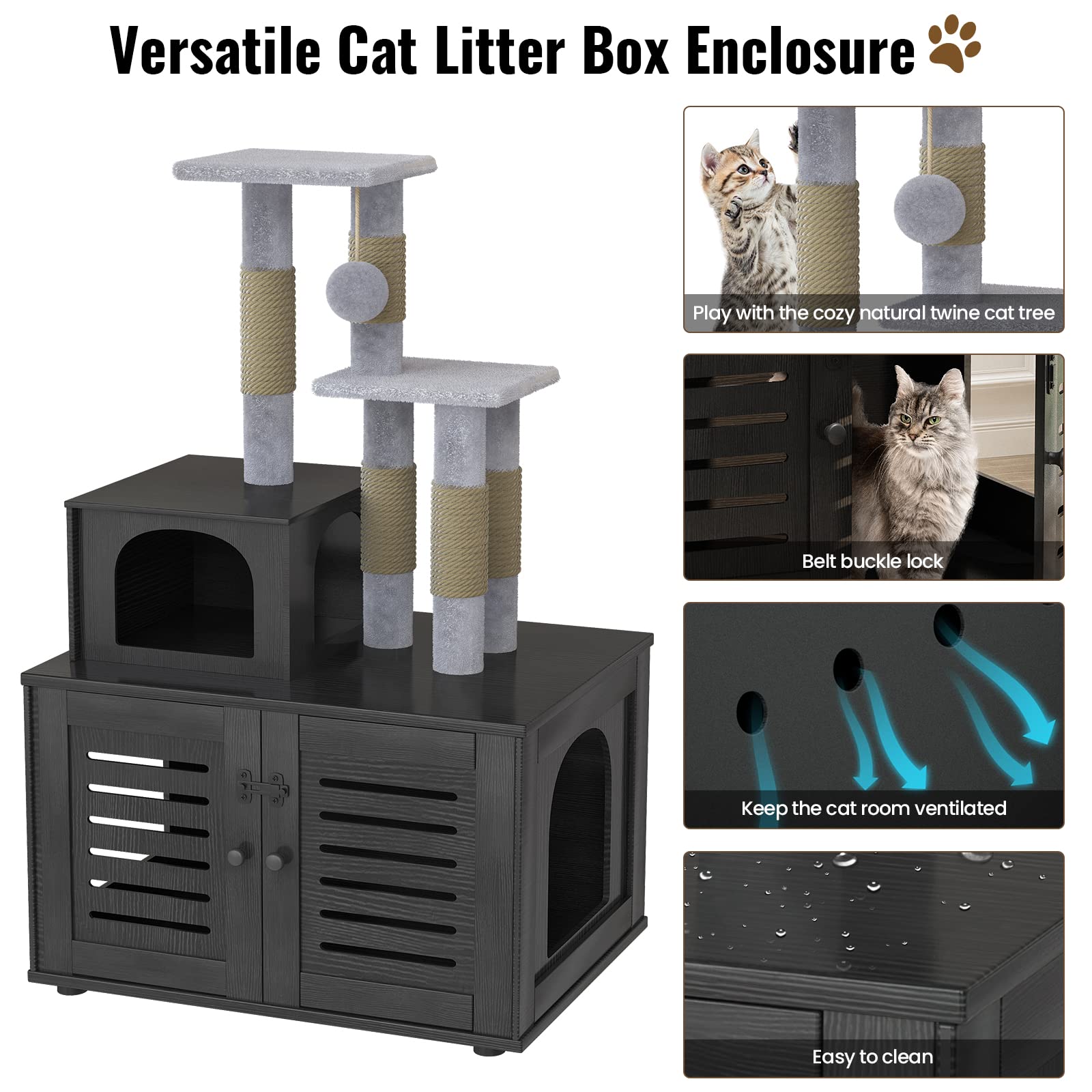 Baxluxe Cat Litter Box Enclosure with Cat Tree, Hidden Cat Washroom Furniture with Divider, Wooden Cat House with Platform, Scratching Post and Soft Plush Perch, Indoor Pet Cabinet, Black
