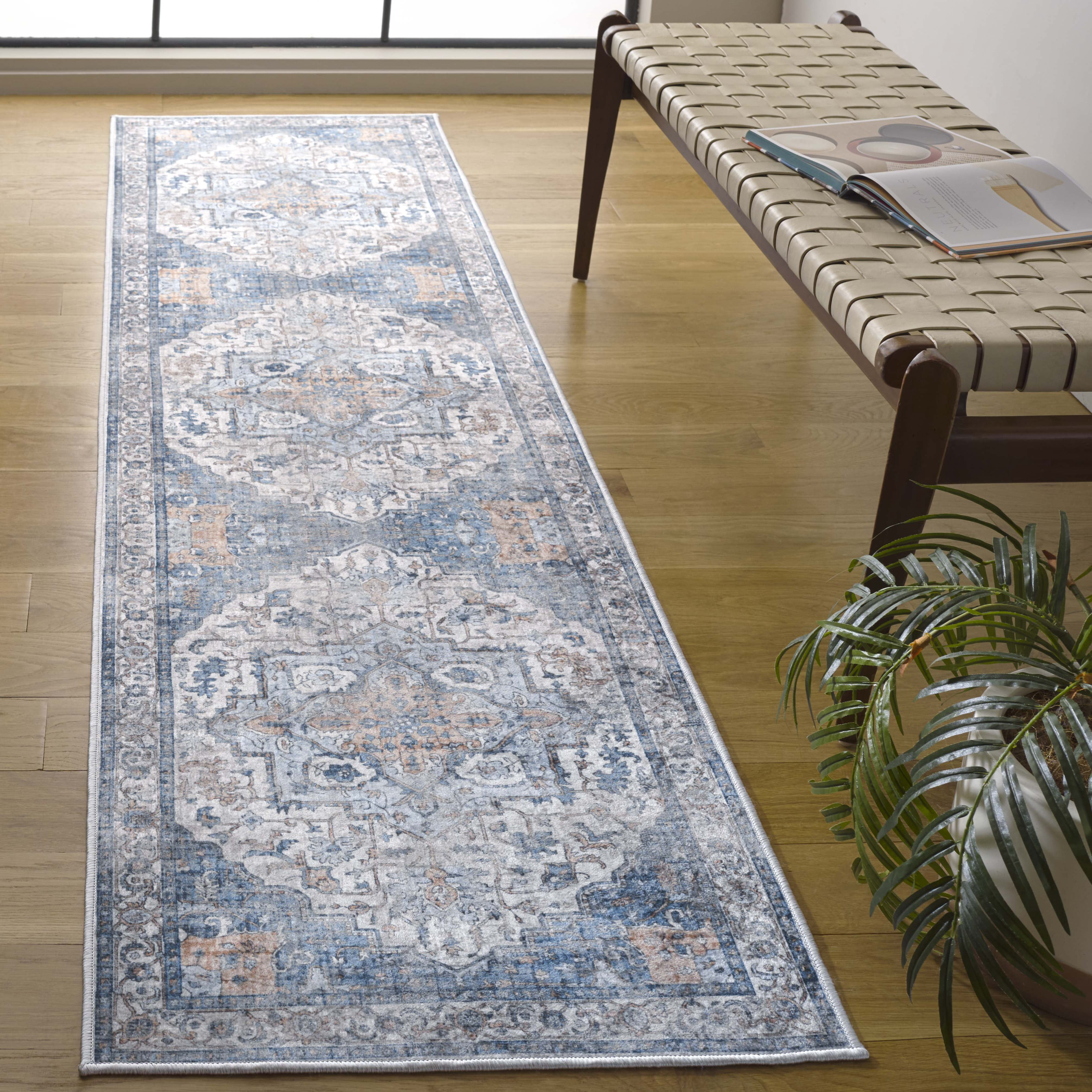 SAFAVIEH Orlando Keaton Medallion Machine Washable Runner Rug, Blue/Beige, 1'10" x 8'