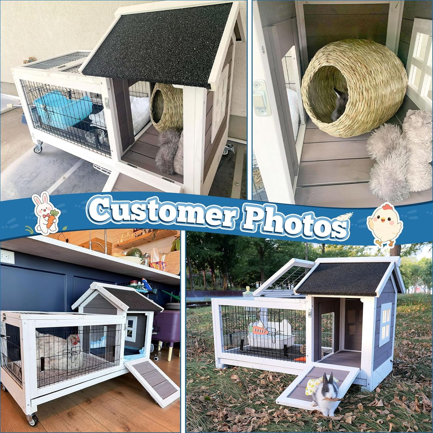Rabbit Hutch Wooden Bunny Cage Rabbit Cage Outdoor Indoor Bunny Hutch Rabbit House on Wheels Small Animal Cage with 3 Urine Baffles
