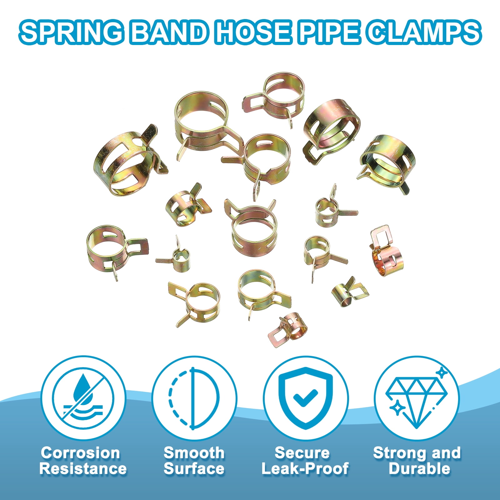 Spring Band Hose Pipe Clamps for 19-22.3 mm OD Hose, 50 Pack Tension Band Clips for Fuel Line Tube Water Pipe, Gold