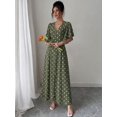 thumbnail image 4 of Womens Green Polka Dot V-Neck Button-Front Flare Sleeve Maxi Dress, 4 of 5