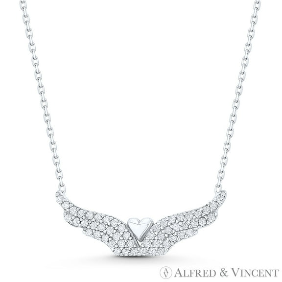 Heart w/ Angel Wing Charm CZ Crystal Charm Pendant & Chain Necklace in .925 Sterling Silver w/ Rhodium