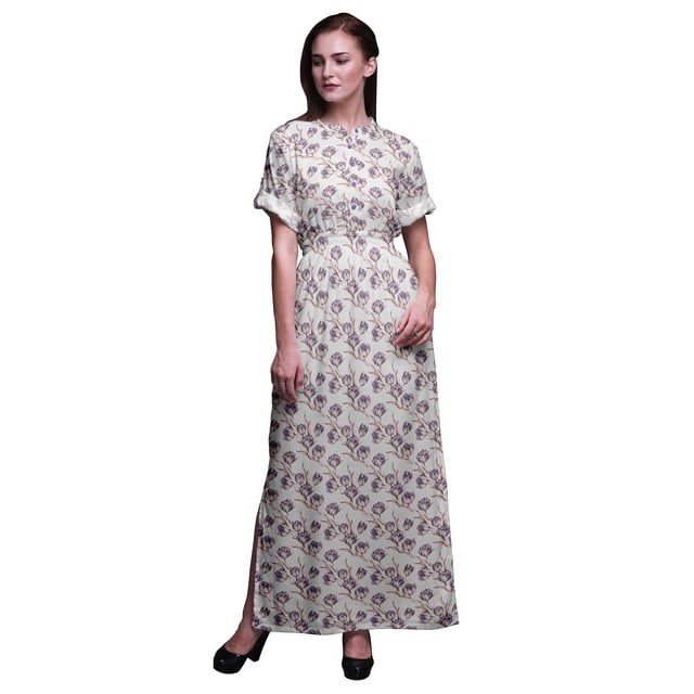 Bimba Robe Maxi à Taille Smockée Imprimée Feuilles de Rayonne & Magnolia Floral Fendue sur le Côté pour Femme-TG