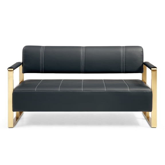 57.9" Black Faux Bonded Leather Loveseat Sofa for Small Spaces: Modern 2-Seater Couch with Golden Metal Arms, Perfect for Living Room, Office, Apartment