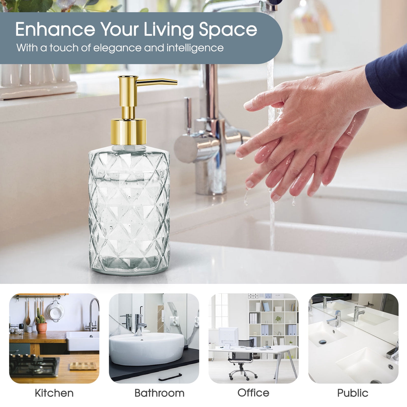 2pcs 330ml Glass Soap Dispenser Set - Transparent & Golden Liquid Hand Soap/Lotion/Shampoo Bottles, Sturdy Pump for Bathroom Kitchen Office Sink