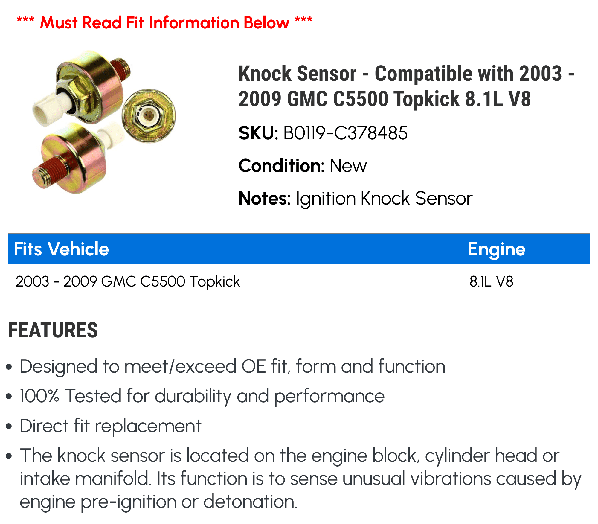 Knock Sensor - Compatible with 2003 - 2009 GMC C5500 Topkick 8.1L V8 2004 2005 2006 2007 2008
