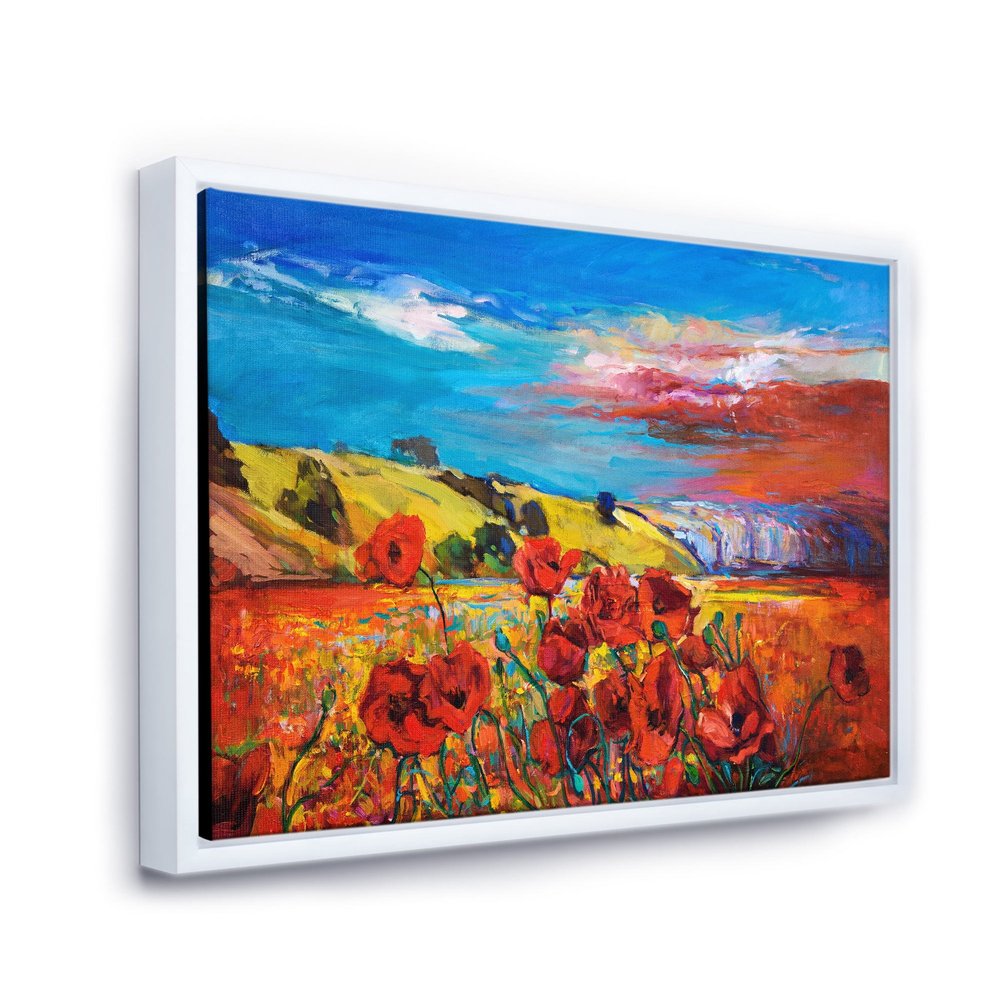 Blossomg Red Poppies Under A Blue Sky 20 in x 12 in Framed Painting Canvas Art Print, by Designart