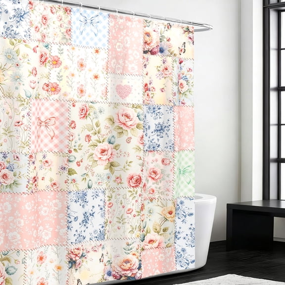 Tcwhniev Boho Shower Curtain, Vintage Patchwork Floral Waterproof Fabric Bath Curtain with 12 Hooks, 72x72 Inch