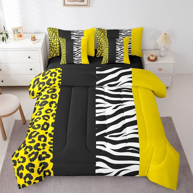 Erosebridal Yellow Cheetah Print Bed in a Bag Queen size, Rustic Animals Bed Set, Zebra Room Decor, Reversible