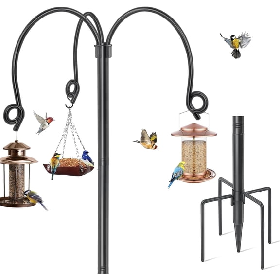 KOLAKO Bird Feeder Pole Stand, Heavy Duty Bird Feeding Station Large Metal Shepherds Hooks for Garden, Wind Proof 76 inch, Black