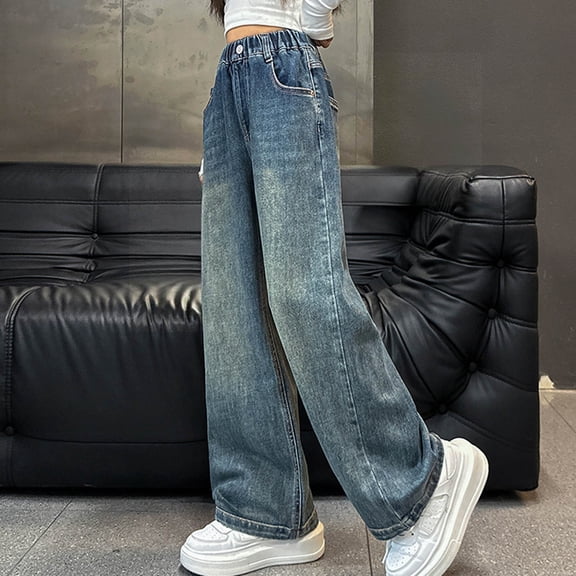 hengsof Heart Applique Stretch Denim Jeans for Girls Straight Leg Wide Leg Pants Casual Comfort Trousers with Pocket Details Size 4-15 Years