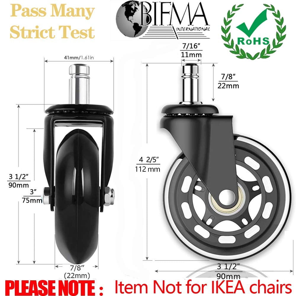 Office Rubber Chair Casters , 3 Inch Heavy-Duty Computer Gaming Desk Caster Wheels Smooth & Safe Rolling for All Floors Including Hardwood and Carpet, Set of 5