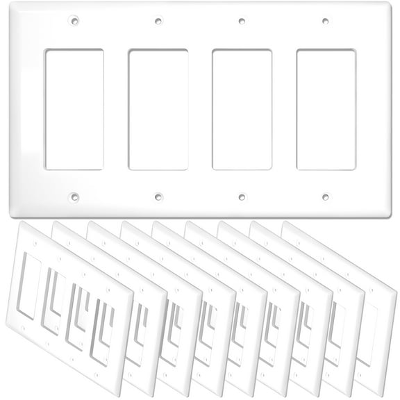 [10 Pack] NEU 4-Gang Mid-Size Decorator Light Switch Outlet Cover Wall Plates, 8.4" x 4.75", Unbreakable Polycarbonate Thermoplastic, Glossy White