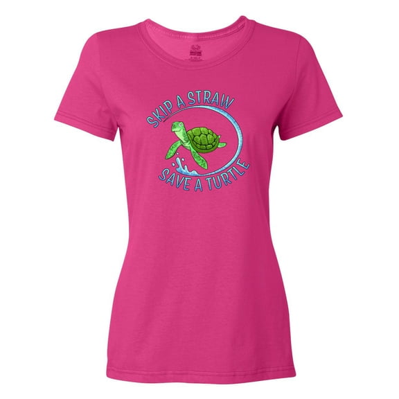 Inktastic Skip a Straw Save a Turtle with Cute Green Sea Turtle Women's T-Shirt