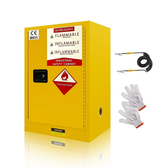 Industrial Safety Cabinet, 12 Gal Capacity, Galvanized Steel, Yellow Flammable Storage Cabinet, Gas Can Storage, for Chemicals, Workshop, Automotive