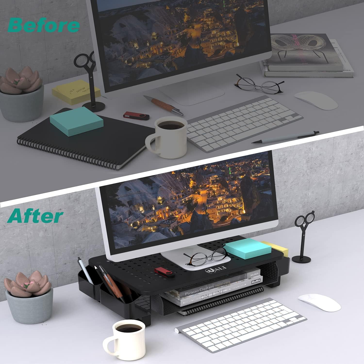 LUFF Monitor Stand Riser with Pullout Storage, Desk Organizer with Ventilation Drawer, Desktop Computer Stand with Pen Holder for Laptop, Computer, iMac, Black