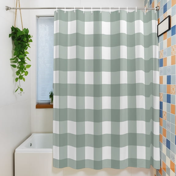Shower Curtain, Vintage Sage Green Checkered Plaid Waterproof Polyester Fabric Bath Curtain with Hooks for Bathroom Bathtub Stalls, Gradient Abstract Line 72x72IN