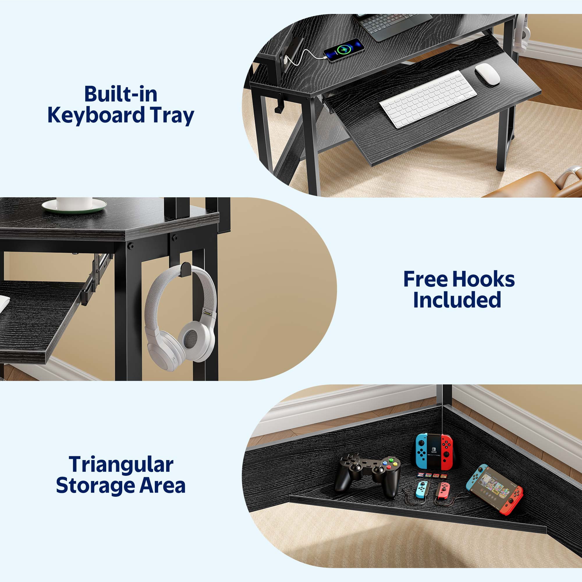 Greenstell Corner Office Gaming Desk 44.5 Inches L-Shaped Computer Desk with Charging Hub & Ergonomic Stand for Small Spaces,Black