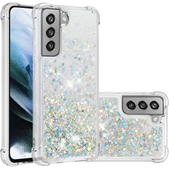 Compatible with Samsung Galaxy S21 FE Case Glitter Luxury Cute Love Liquid Quicksand Clear TPU Girls Women Stylish Bumper Shockproof Protective Case for Samsung Galaxy S21 FE 5G Sliver YB