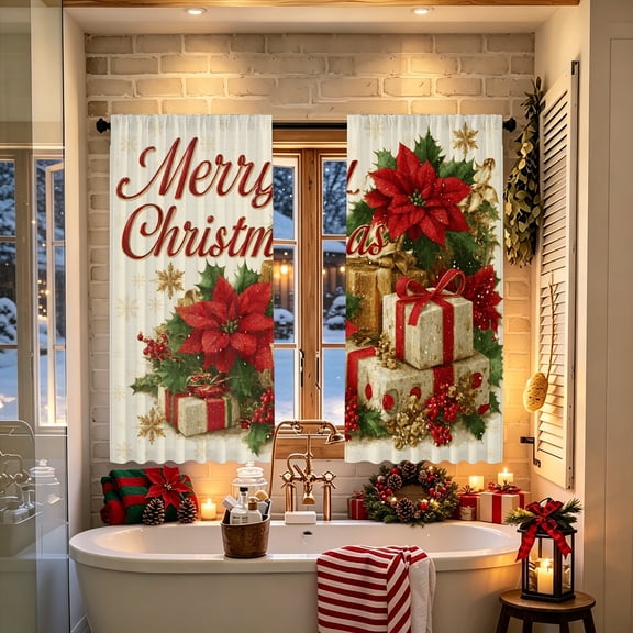 Wine‑Red Letter Gift‑Box Festive 2D Printed Window Curtain, No Rods Included, Light Filtering Fabric, for Indoor Living Space Winter Home Decor