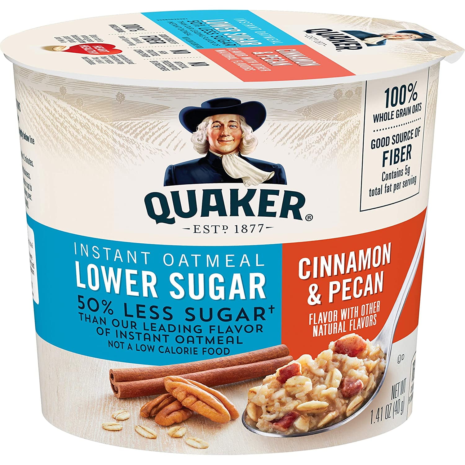 Quaker Instant Oatmeal Express Cups 50% Less Sugar, Cinnamon Pecan, 1.41 Ounce (Pack Of 12)