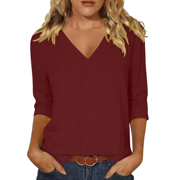 SBYOJLPB Women's Top 3/4 Sleeve V-Neck Solid Color Tops