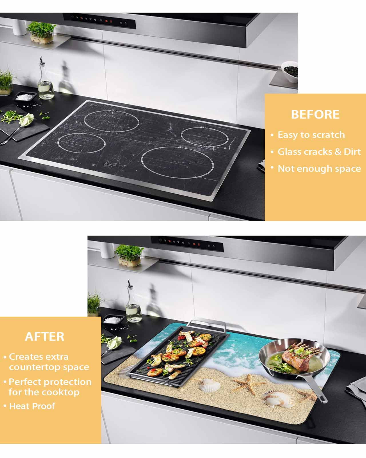 nqOlkjepod Large Induction Cooktop Protector Mat 36"x21", Ocean Beach Stove Top Covers for Electric Stove, Starfish Shell Sand Coastal Summer Blue Brown Stove Burner Cover Mats Stove Cover